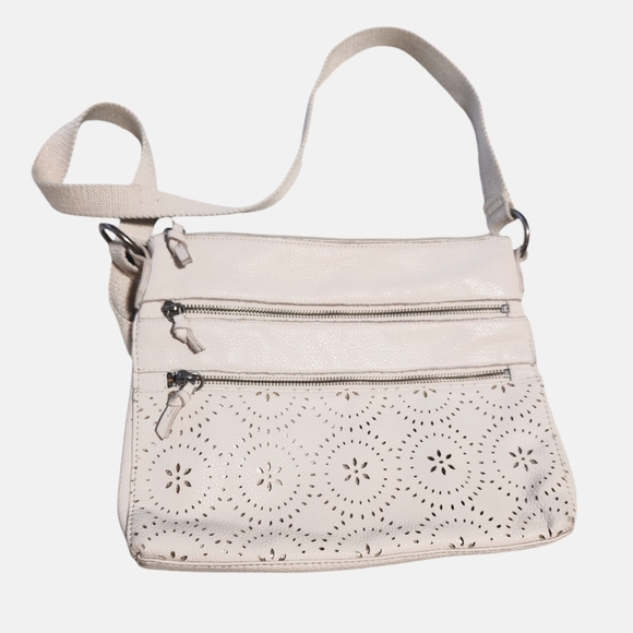 The Sak Reseda White ‎ Leather Crossbody Bag Floral cutouts metallic acce… - Picture 1 of 13